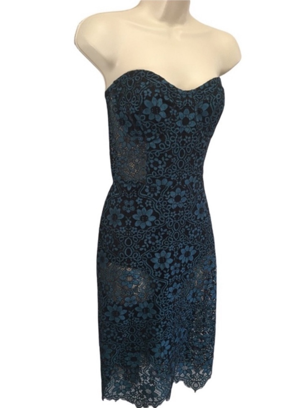Strapless Navy Blue Floral Lace Dress